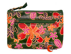 Shanti, monederos de piel de India. Monedero rectangular grande, verde con flores.