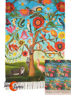 Bufanda REVERSIBLE, árbol con pájaros y animales.