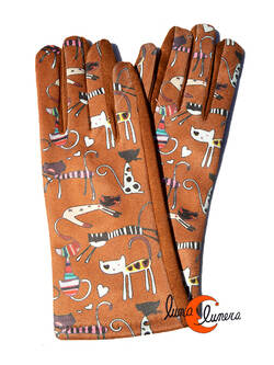 Guantes con imágenes de gatos, gatos cola larga marrón.