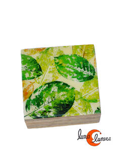 Caja de madera pequeña, hojas verdes.