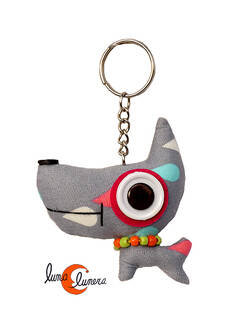 Llaveros con animales de tela, perro cabezón gris.