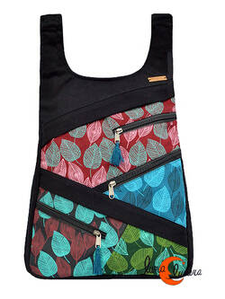 Mochilas de tela Mugling. Mochila parches con cremallera trasera, hojas negro verde.