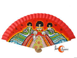 Abanico de tela y madera pintada, Meninas, rojo.