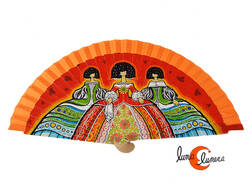 Abanico de tela y madera pintada, Meninas, naranja.