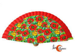 Abanico de tela y madera pintada, amapolas, rojo.