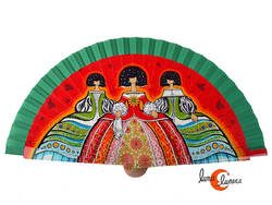 Abanico de tela y madera pintada, Meninas, verde.