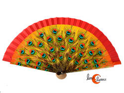 Abanico de tela y madera pintada, pavo real, rojo.