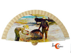 Abanico de tela y madera pintada, cuadro de Sorolla Los Pescadores Valencianos.