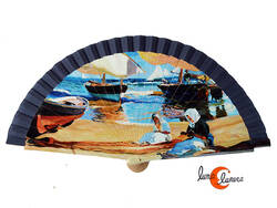 Abanico de tela y madera pintada, cuadro de Sorolla En la Playa de Valencia.