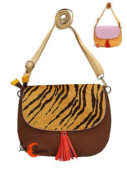 Soruka, bolsos de piel de colores. Bolso grande redondo REVERSIBLE con tapa, vainilla y marrón.