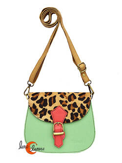 Soruka, bolsos de piel de colores. Bolso pequeño redondo, verde agua y print.