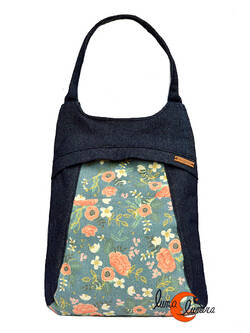Mochilas de tela Mugling. Mochila bolso flores, azul vaquero.