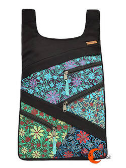Mochilas de tela Mugling. Mochila parches con cremallera trasera, flores verde negro.