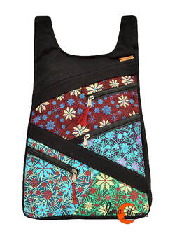 Mochilas de tela Mugling. Mochila parches con cremallera trasera, flores azul verde.