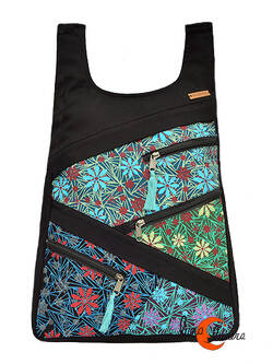 Mochilas de tela Mugling. Mochila parches con cremallera trasera, flores negra morada.