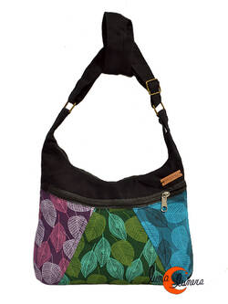 Bolsos de tela estampada Mugling, pequeño parches hojas morado, verde, azul.