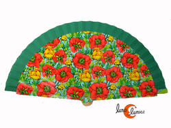 Abanico de tela y madera pintada, amapolas, verde.