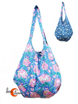 Bolso de tela grande con forma de saco doble asa REVERSIBLE, flores rosa.