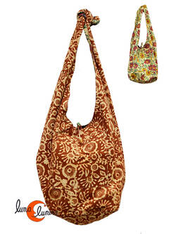 Bolso de tela grande con forma de saco con asa ancha REVERSIBLE mediano, marrón con flores.