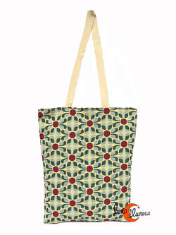 Bolsa TOTE BAG con cremallera de tela de algodón Bruo. Flores verde con lunares.