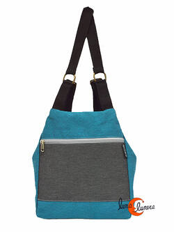 Mochilas de tela BRUO. Mochila bolso pirámide azul y gris oscuro.