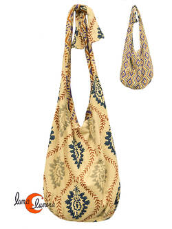 Bolso de tela con forma de saco con asa ancha REVERSIBLE grande, dibujos barrocos.