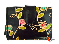 Shanti, carteras de piel de India. Pequeña 039, negra con flores.