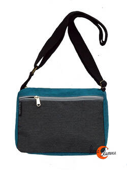 Bolsos de tela BRUO. Bolso bandolera pequeño gris y azul.