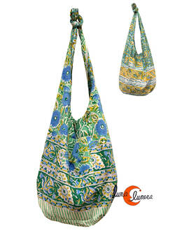 Bolso de tela con forma de saco con asa ancha REVERSIBLE grande, flores con verde.