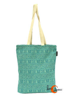 Bolsa TOTE BAG con cremallera de tela de algodón Bruo. Dibujos verde turquesa.
