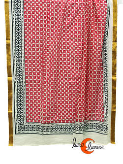 Pareo-fular de algodón con borde dorado, blanco y fucsia.