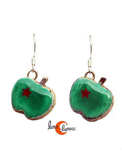 Mondo Manzana, bisutería con magaya de sidra. Pendientes pequeños manzanitas, verdes con estrellita roja.