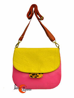 Soruka, bolsos de piel de colores. Bolso grande redondo plano con solapa, fucsia y amarillo pistacho.