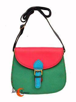 Soruka, bolsos de piel de colores. Bolso grande redondo con solapa y hebilla, verde petróleo y fucsia.