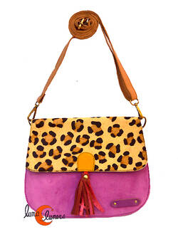 Soruka, bolsos de piel de colores. Bolso grande redondo de ante y print, rosa.