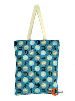 Bolsa TOTE BAG con cremallera de tela de algodón Bruo. Gatos azul asas blancas.