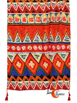 Pañuelo fular largo. Multicolor rojos y naranjo.