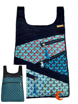 Mochilas de tela Mugling. Mochila REVERSIBLE, tulipanes azul verde.