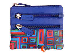 Carteras de piel de colores, monedero cuadrado grande cuatro cremalleras, geométrico azul.