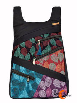 Mochilas de tela Mugling. Mochila parches con cremallera trasera, hojas azul morado.