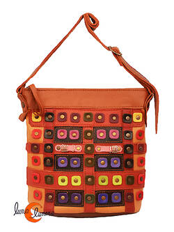 Bolso de piel del taller artesanal Arco Iris. Bolso colorines con marrón.