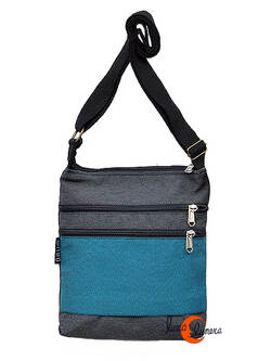 Bolsos de tela BRUO. Bolso bandolera pequeño plano gris con azul.