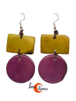 Pendientes de semillas de tagua. Geométrico grande, morado verde.
