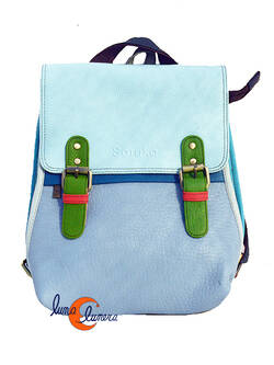 Soruka, mochila bolso de piel de colores. Gris y celeste.