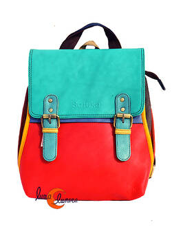 Soruka, mochila bolso de piel de colores. Coral y turquesa.