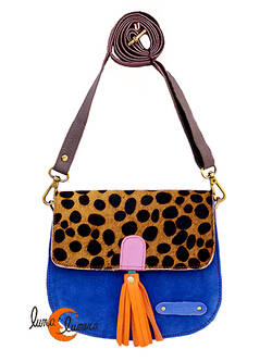Soruka, bolsos de piel de colores. Bolso pequeño redondo de ante y print, azul.