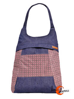 Mochilas de tela Mugling. Mochila bolso azul vaquero cuadrícula marrón.