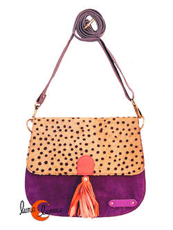Soruka, bolsos de piel de colores. Bolso grande redondo de ante y print, magenta.