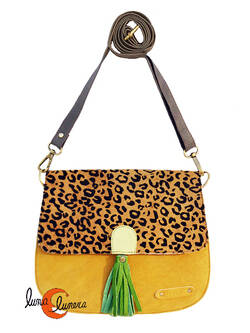 Soruka, bolsos de piel de colores. Bolso grande redondo de ante y print, amarillo.