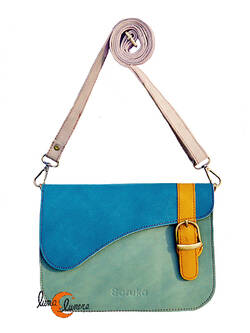 Soruka, bolsos de piel de colores. Asimétrico con hebilla verde gris y azul.